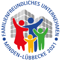 Round logo with four stylised people in blue, green, red and yellow in front of a stylised building. On the outside, the surrounding lettering ‘Family-friendly company Minden-Lübbecke 2021’