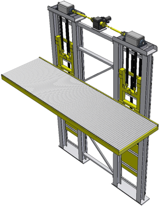 3D model heavy vertical lifter, deck design: roller conveyor 3D model heavy vertical lifter, deck design: roller conveyor, (double guiding columns)
