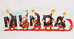Comic Christmas motif: MINDA lettering on a red sleigh with Father Christmases holding the letters.