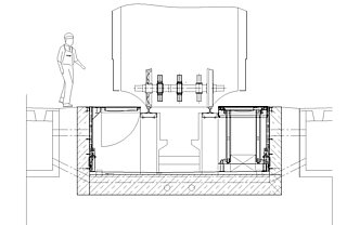 Lateral working pit closed Drawing: The lateral working pit is closed, i.e. the person can work sideways on the vehicle above floor.