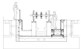 Lateral pit opened Drawing: Lateral working pit opened, lifting table is lowered and railing is extended. The railing used as fall protection. A worker can thus work over Floor and another can work at a lowered level. The wheel set shown here, stands for a rail vehicle.